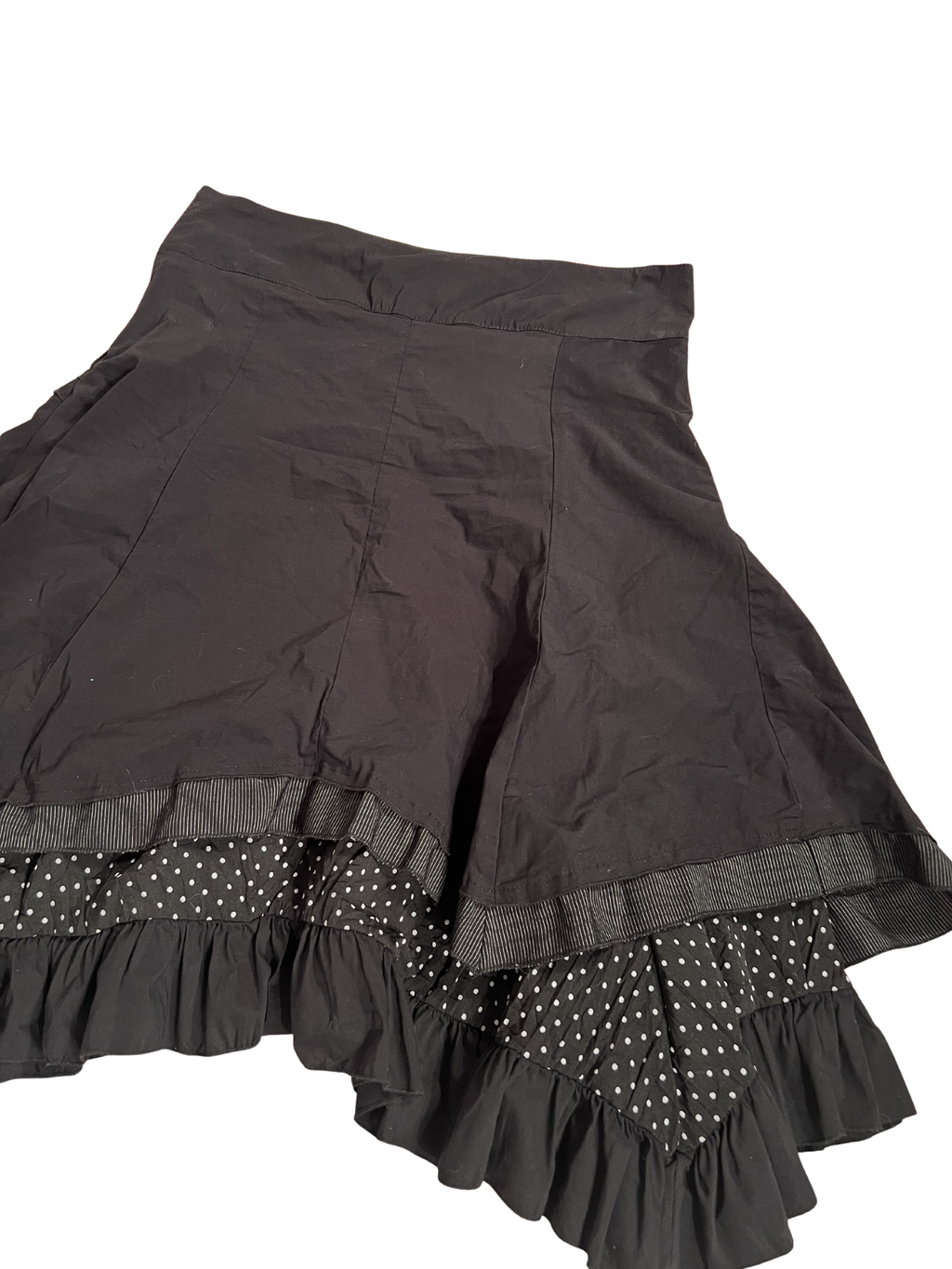 BLACK POLKA-DOT RUFFLED MIDI SKIRT