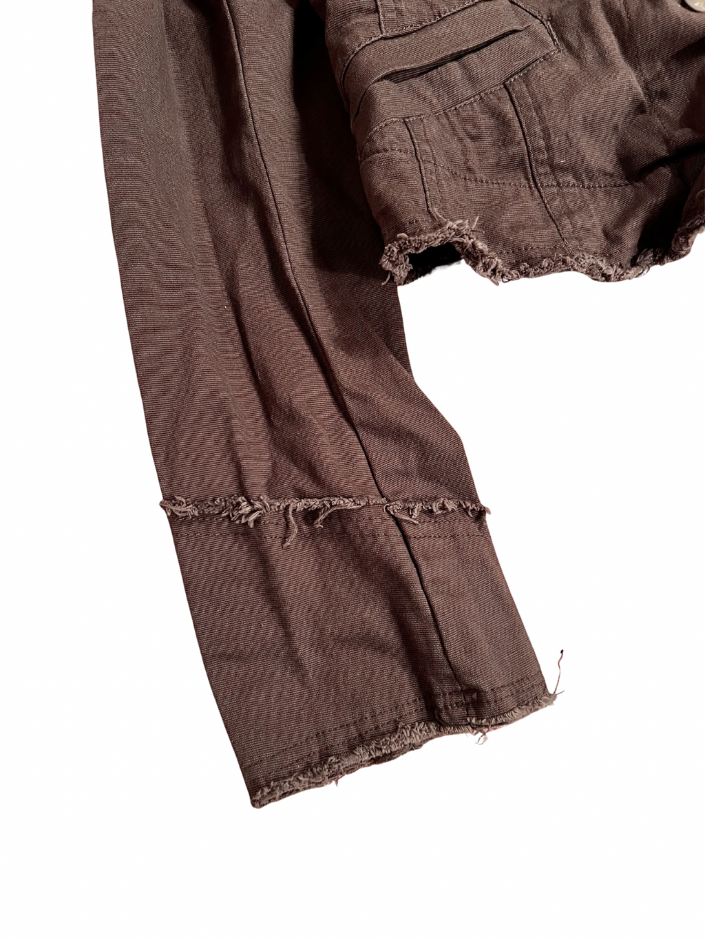 BROWN CROPPED JACKET WITH FRAYED EDGES