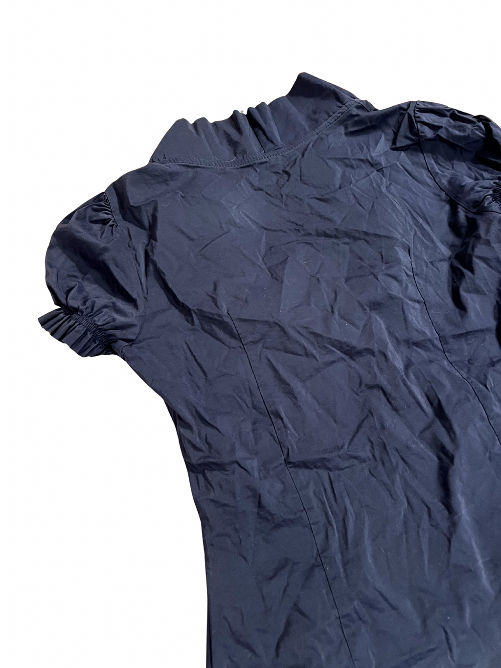 NAVY BLUE PUFF-SLEEVE BUTTON-UP BLOUSE