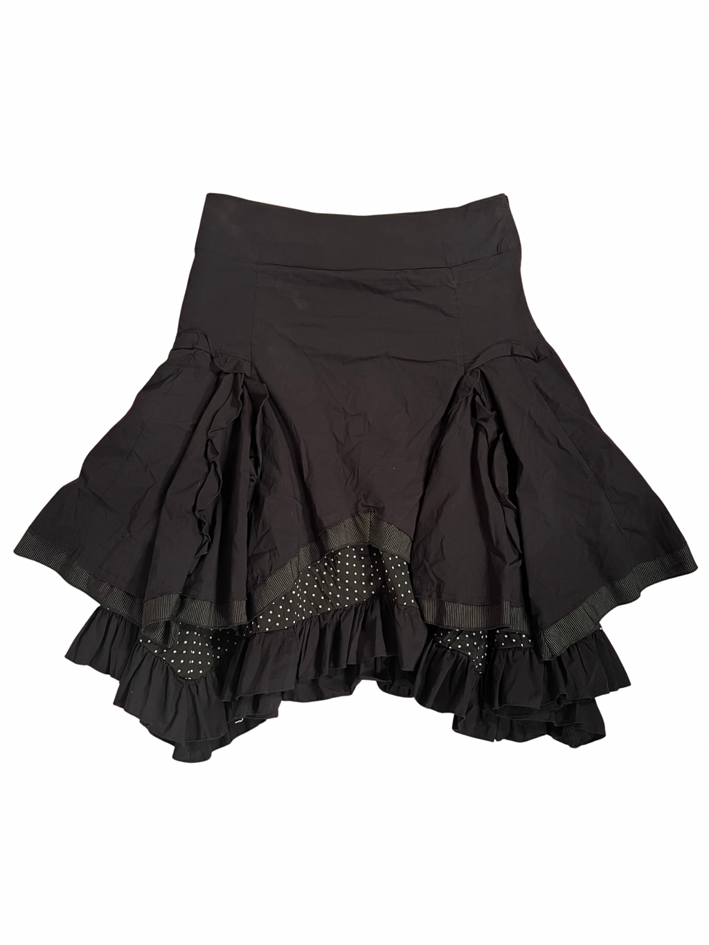 BLACK POLKA-DOT RUFFLED MIDI SKIRT