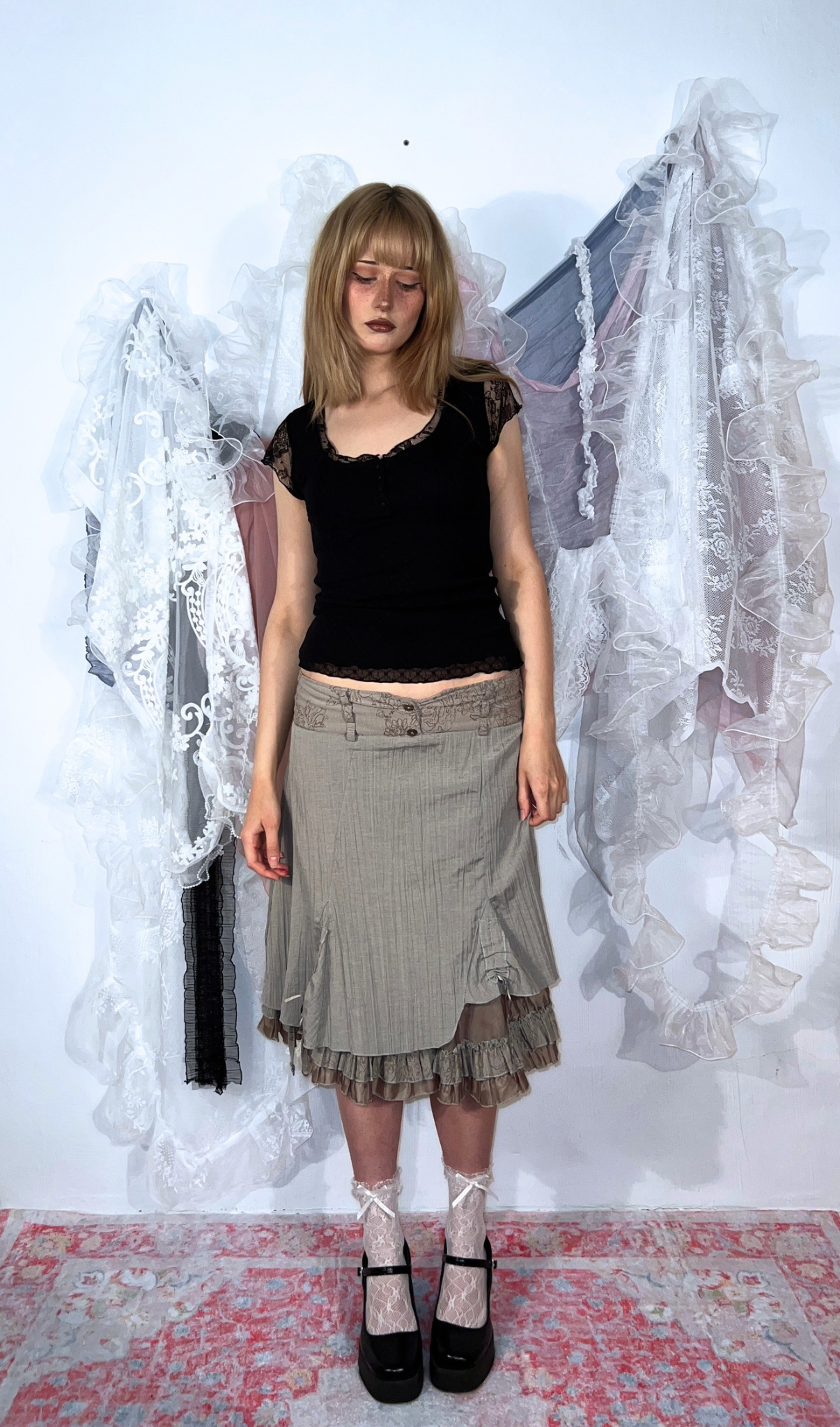 TAUPE LAYERED RUFFLE MIDI SKIRT
