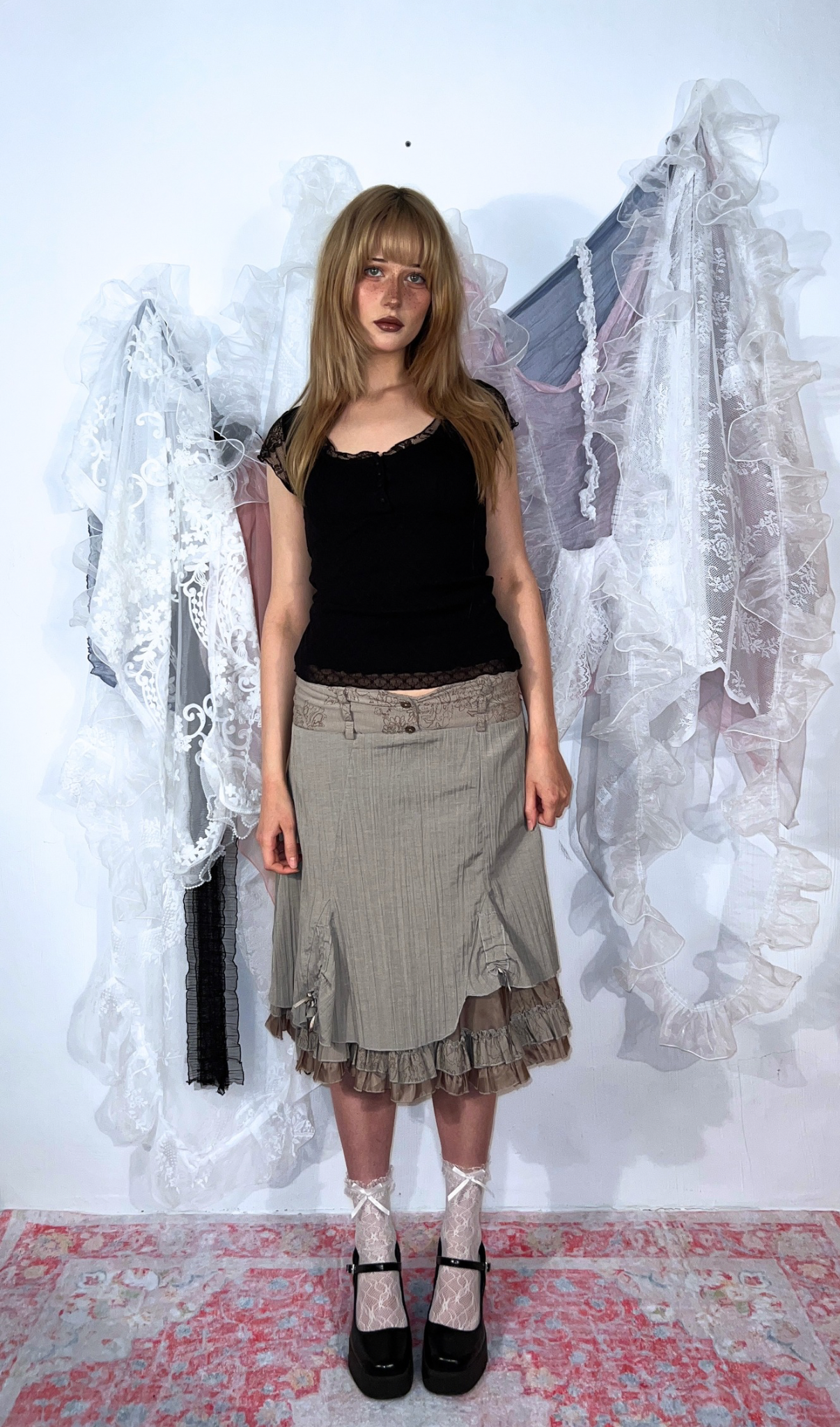 TAUPE LAYERED RUFFLE MIDI SKIRT